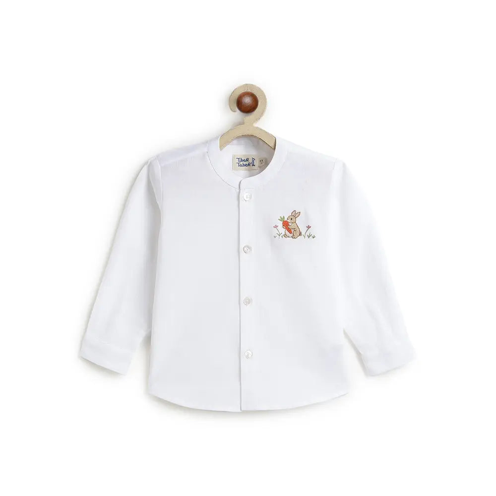 Tiber Taber Cotton Woven Full Sleeves Rabbit Embroidered Shirt - White