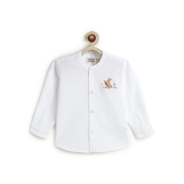Tiber Taber Cotton Woven Full Sleeves Rabbit Embroidered Shirt - White