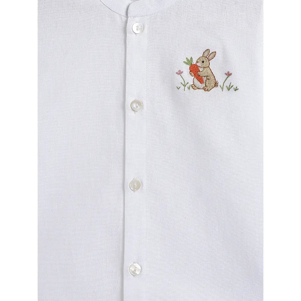 Tiber Taber Cotton Woven Full Sleeves Rabbit Embroidered Shirt - White