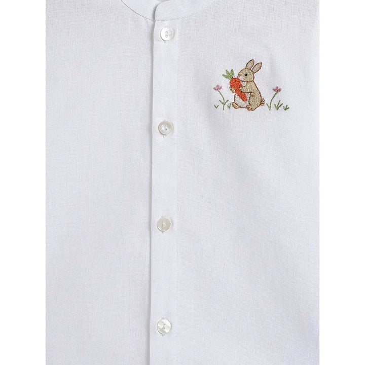 Tiber Taber Cotton Woven Full Sleeves Rabbit Embroidered Shirt - White