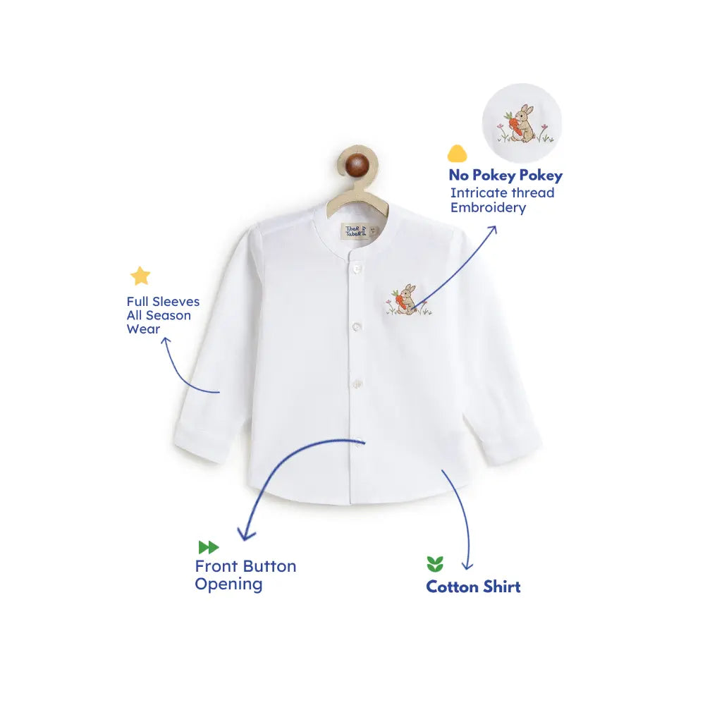 Tiber Taber Cotton Woven Full Sleeves Rabbit Embroidered Shirt - White
