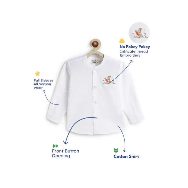Tiber Taber Cotton Woven Full Sleeves Rabbit Embroidered Shirt - White