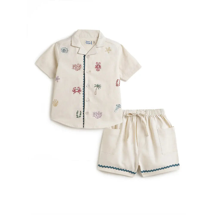 Tiber Taber Cotton Woven Half Sleeves Embroidered Seaside Treasure Co-ord Set - Cream