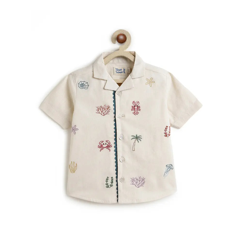 Tiber Taber Cotton Woven Half Sleeves Embroidered Seaside Treasure Co-ord Set - Cream