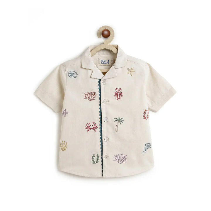 Tiber Taber Cotton Woven Half Sleeves Embroidered Seaside Treasure Co-ord Set - Cream