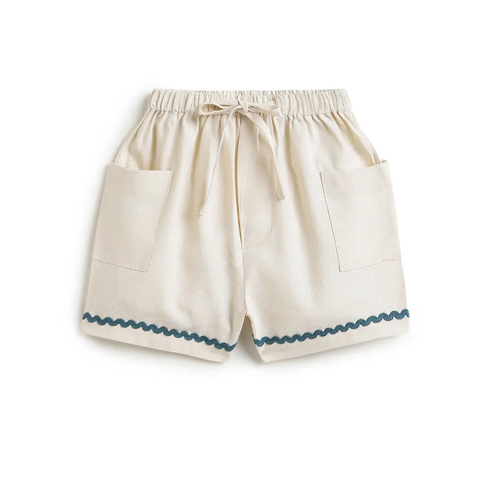 Tiber Taber Cotton Woven Half Sleeves Embroidered Seaside Treasure Co-ord Set - Cream
