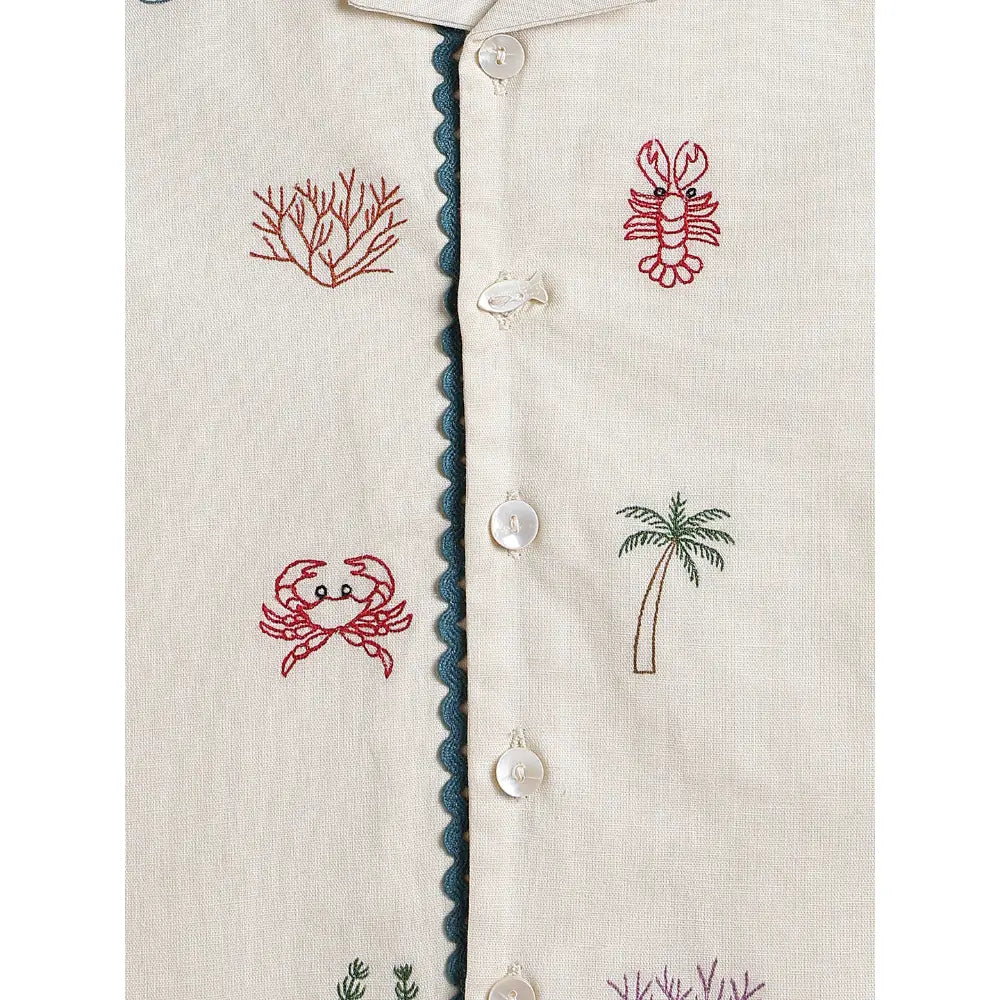 Tiber Taber Cotton Woven Half Sleeves Embroidered Seaside Treasure Co-ord Set - Cream