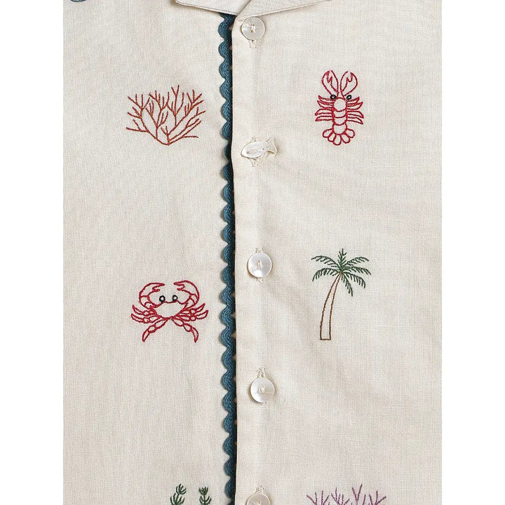 Tiber Taber Cotton Woven Half Sleeves Embroidered Seaside Treasure Co-ord Set - Cream