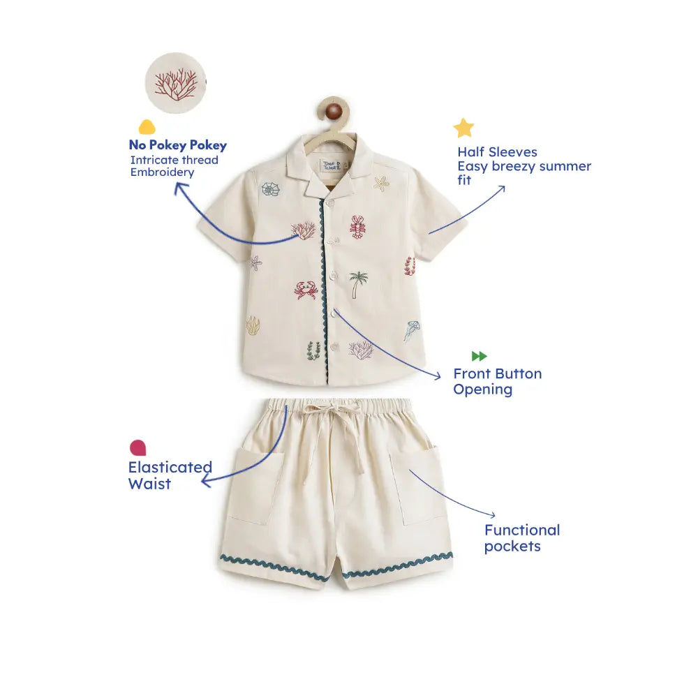 Tiber Taber Cotton Woven Half Sleeves Embroidered Seaside Treasure Co-ord Set - Cream