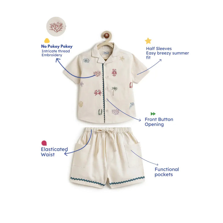 Tiber Taber Cotton Woven Half Sleeves Embroidered Seaside Treasure Co-ord Set - Cream