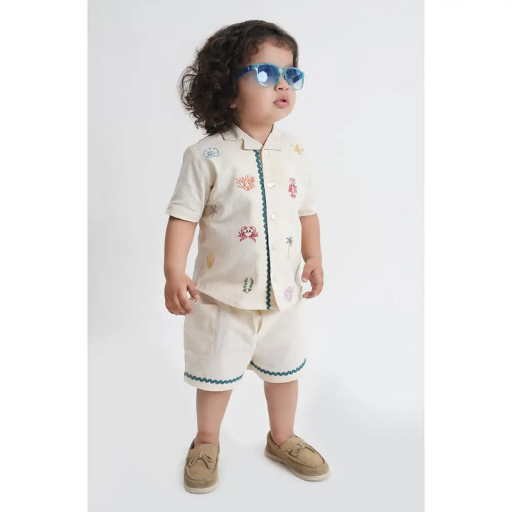 Tiber Taber Cotton Woven Half Sleeves Embroidered Seaside Treasure Co-ord Set - Cream