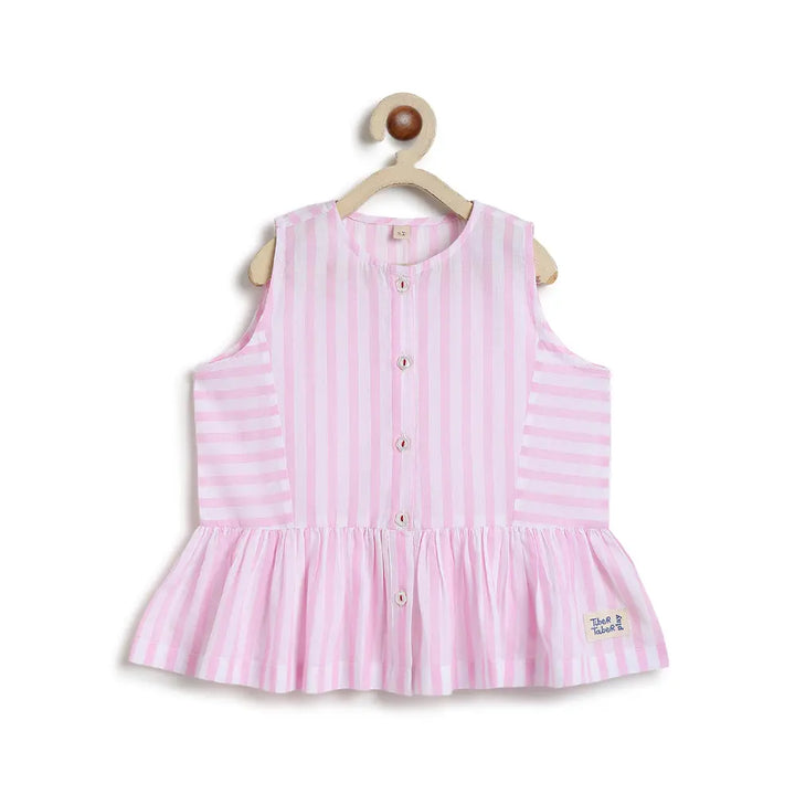 Tiber Taber 100% Cotton Pink Woven Sleeveless Bow Candy Stripe Peplum Top