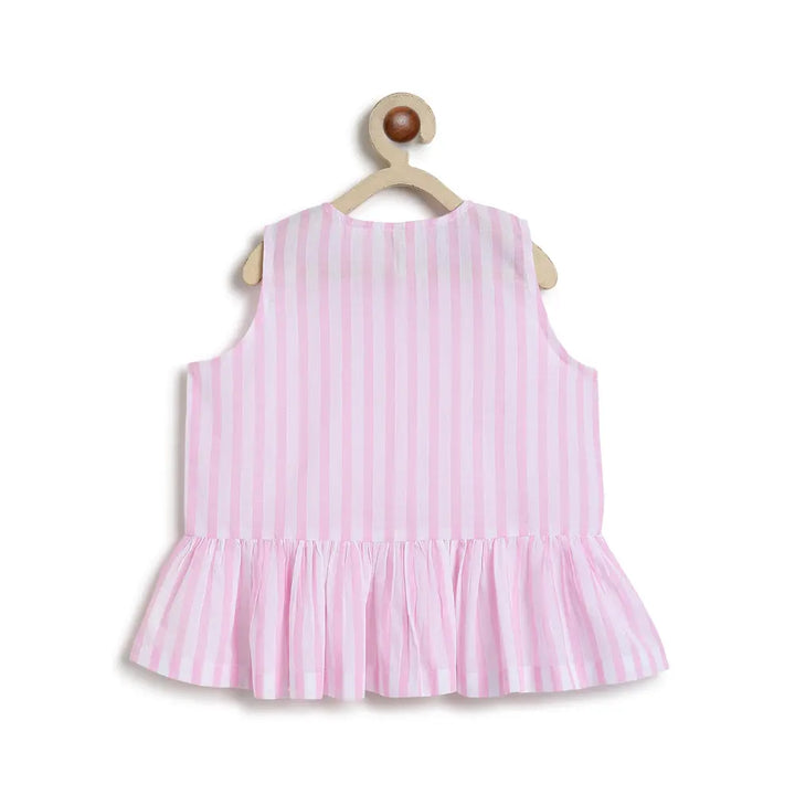 Tiber Taber 100% Cotton Pink Woven Sleeveless Bow Candy Stripe Peplum Top