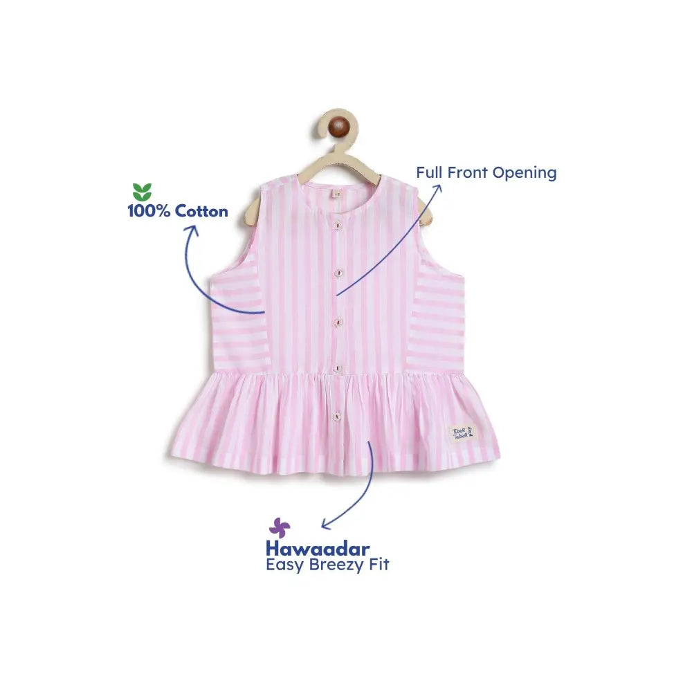 Tiber Taber 100% Cotton Pink Woven Sleeveless Bow Candy Stripe Peplum Top
