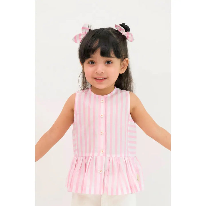 Tiber Taber 100% Cotton Pink Woven Sleeveless Bow Candy Stripe Peplum Top