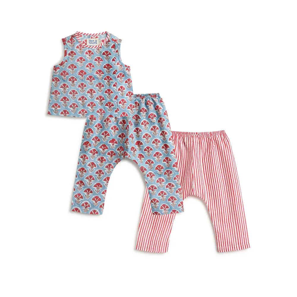 Tiber Taber 100% Cotton Woven Half Sleeves Block Print Jhabla Set - Blue