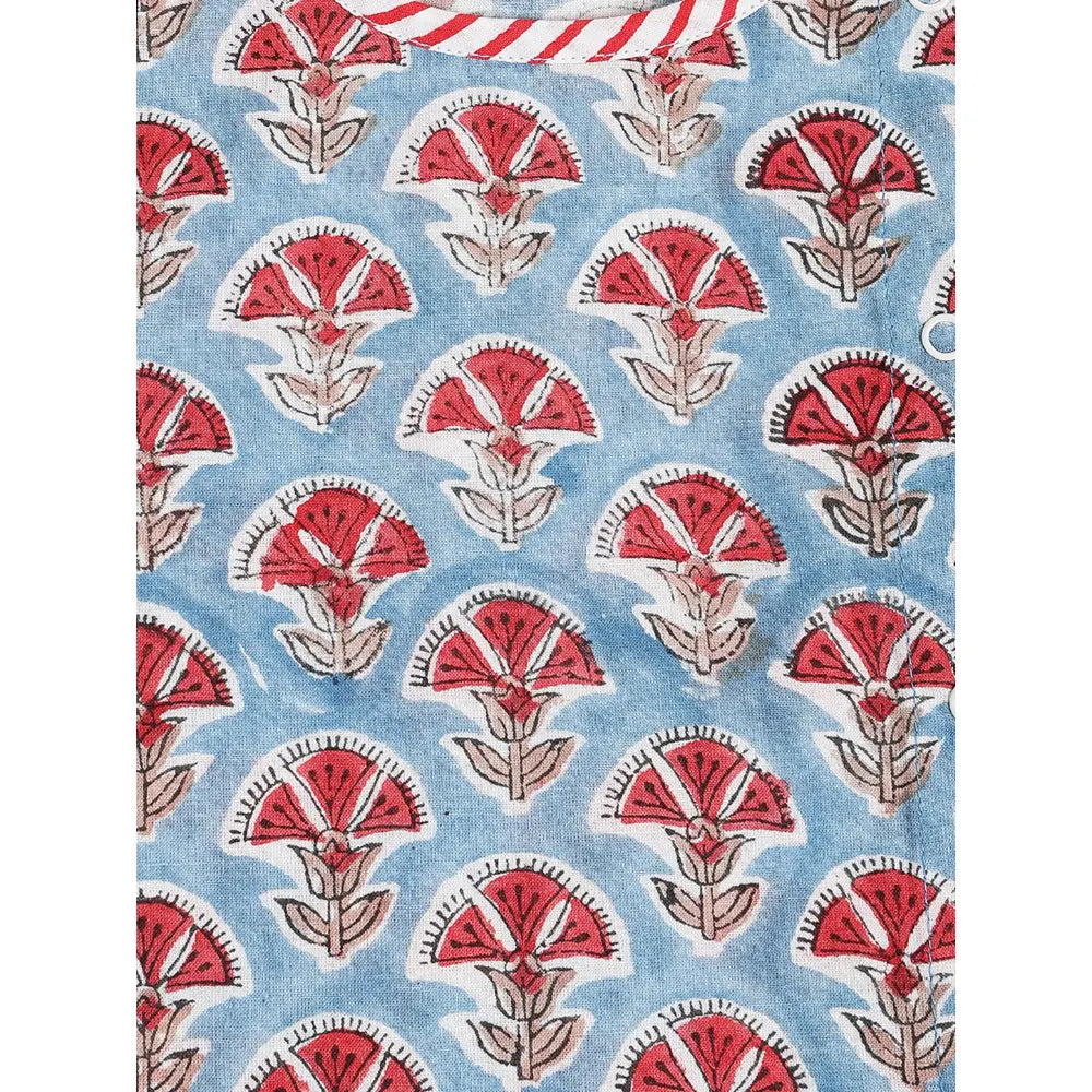 Tiber Taber 100% Cotton Woven Half Sleeves Block Print Jhabla Set - Blue