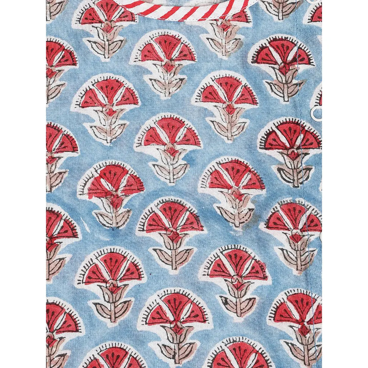 Tiber Taber 100% Cotton Woven Half Sleeves Block Print Jhabla Set - Blue