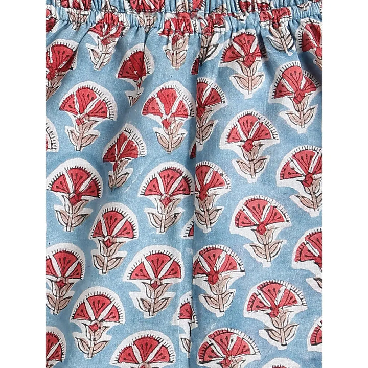 Tiber Taber 100% Cotton Woven Half Sleeves Block Print Jhabla Set - Blue