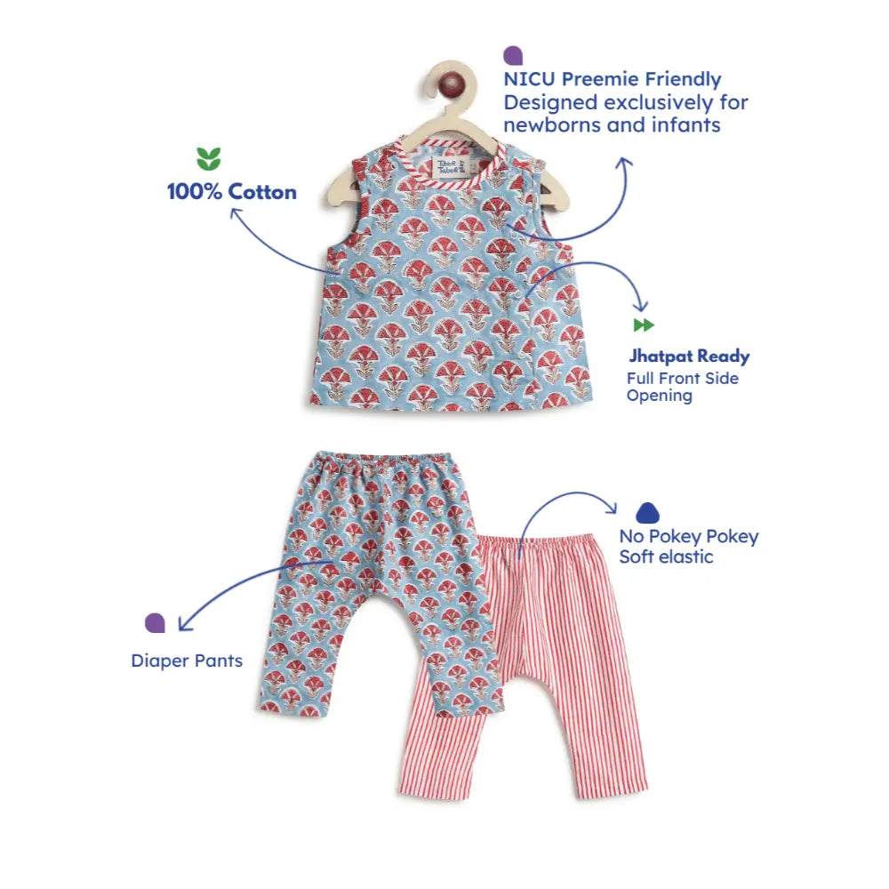 Tiber Taber 100% Cotton Woven Half Sleeves Block Print Jhabla Set - Blue