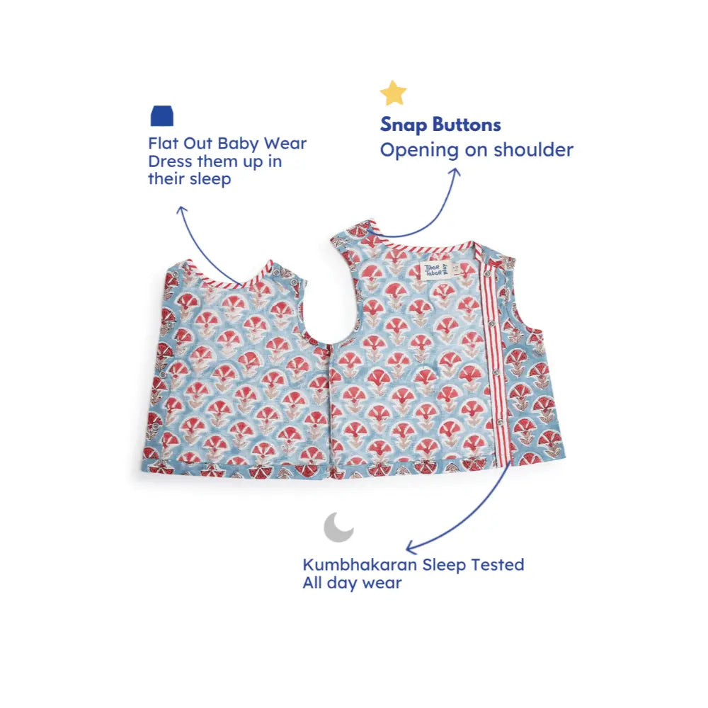 Tiber Taber 100% Cotton Woven Half Sleeves Block Print Jhabla Set - Blue