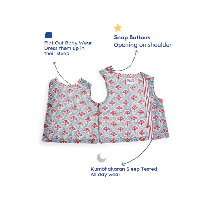 Tiber Taber 100% Cotton Woven Half Sleeves Block Print Jhabla Set - Blue