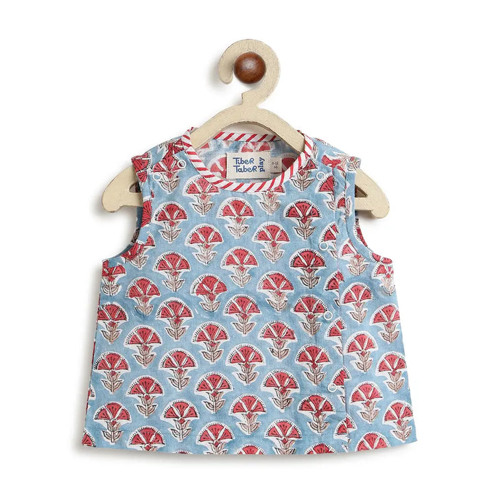 Tiber Taber 100% Cotton Woven Half Sleeves Block Print Jhabla Set - Blue