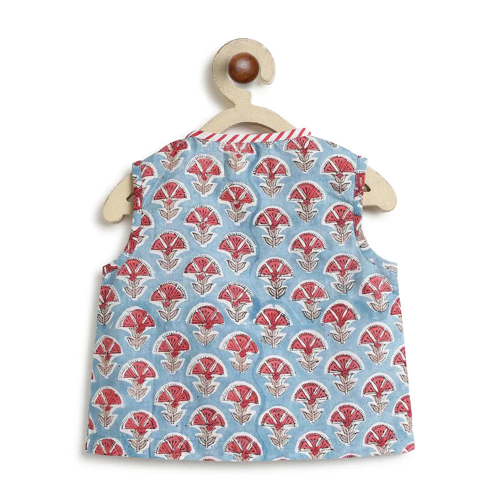 Tiber Taber 100% Cotton Woven Half Sleeves Block Print Jhabla Set - Blue