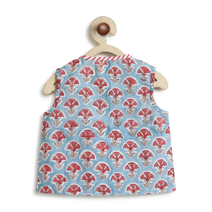 Tiber Taber 100% Cotton Woven Half Sleeves Block Print Jhabla Set - Blue