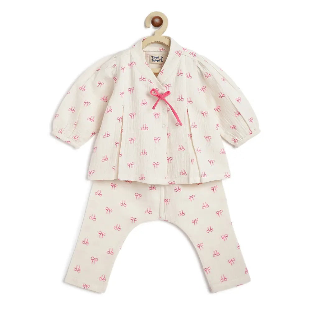 Tiber Taber 100% Cotton Full Sleeves Printed Jhabla Set - White