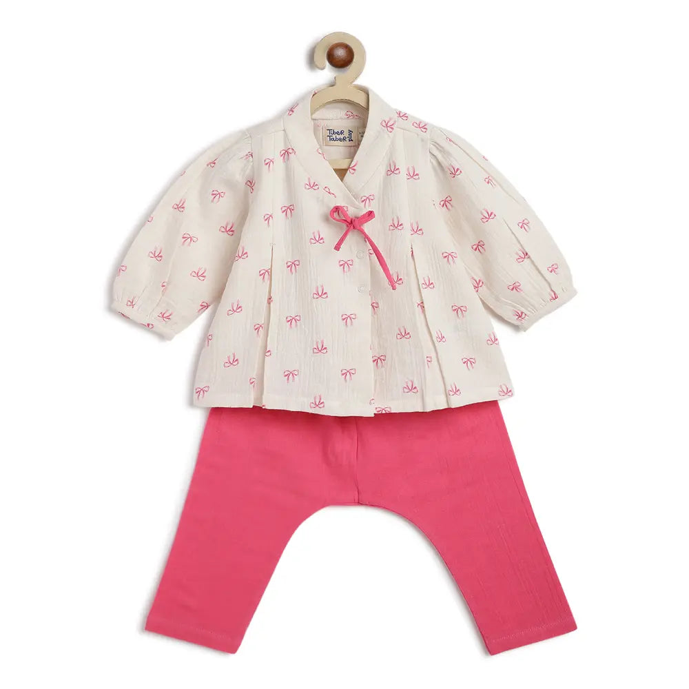 Tiber Taber 100% Cotton Full Sleeves Printed Jhabla Set - White