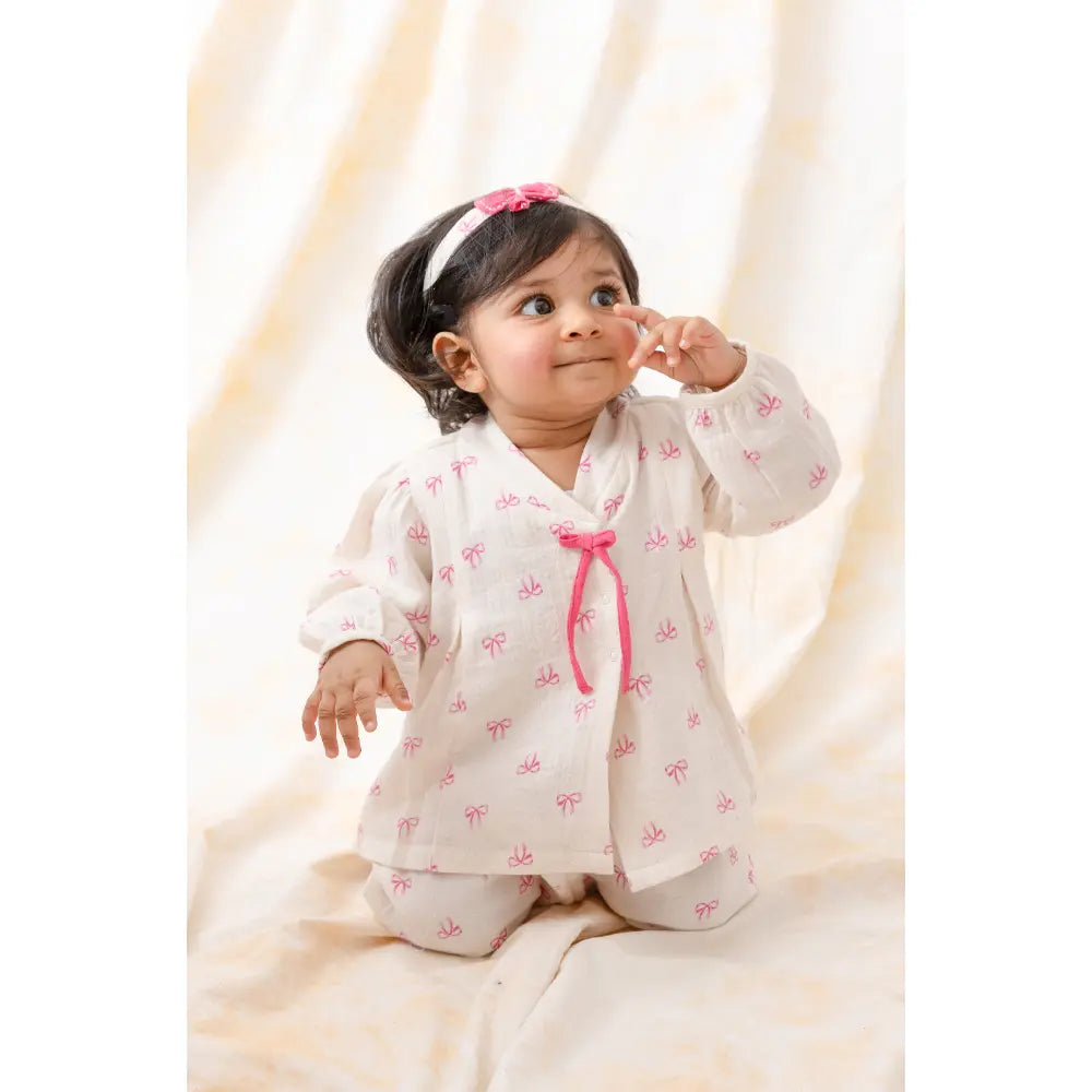 Tiber Taber 100% Cotton Full Sleeves Printed Jhabla Set - White