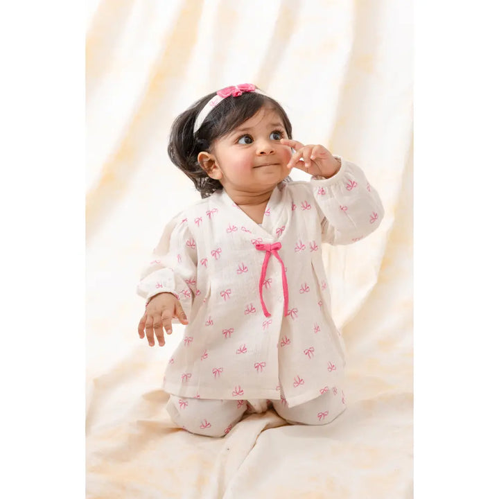 Tiber Taber 100% Cotton Full Sleeves Printed Jhabla Set - White