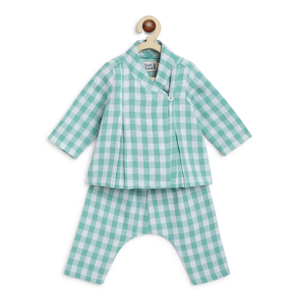 Tiber Taber Unisex Charming Checks Flexi Kimono Jhabla Set-Green