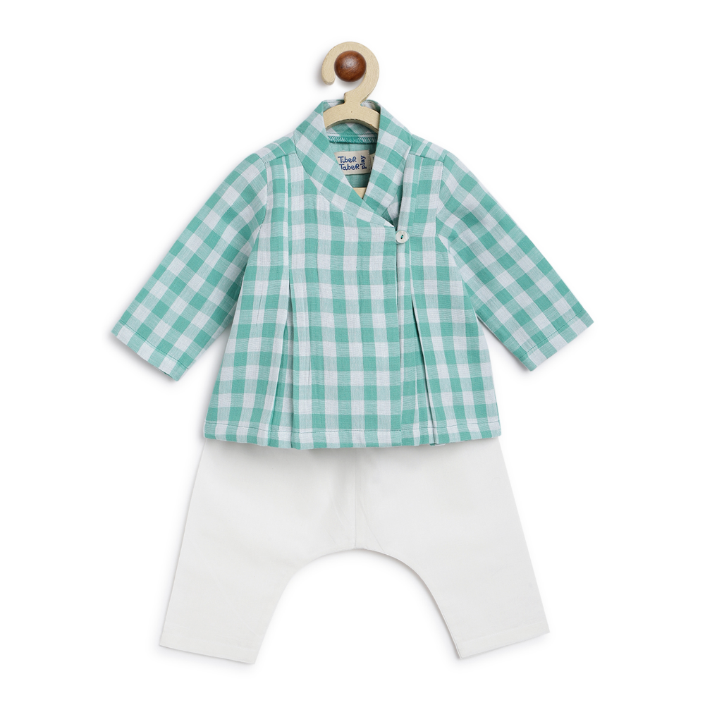 Tiber Taber Unisex Charming Checks Flexi Kimono Jhabla Set-Green