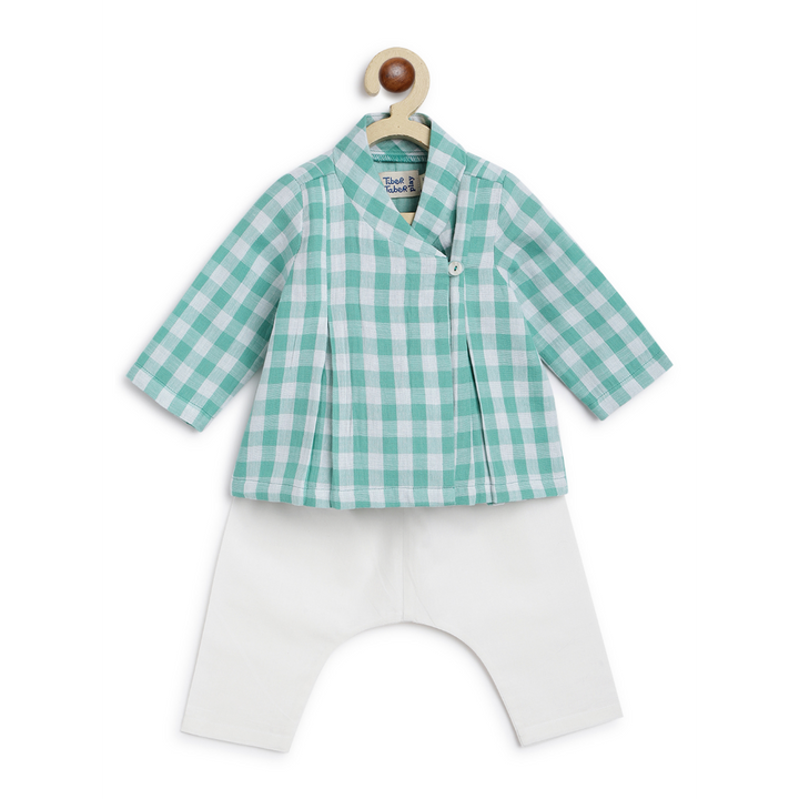 Tiber Taber Unisex Charming Checks Flexi Kimono Jhabla Set-Green