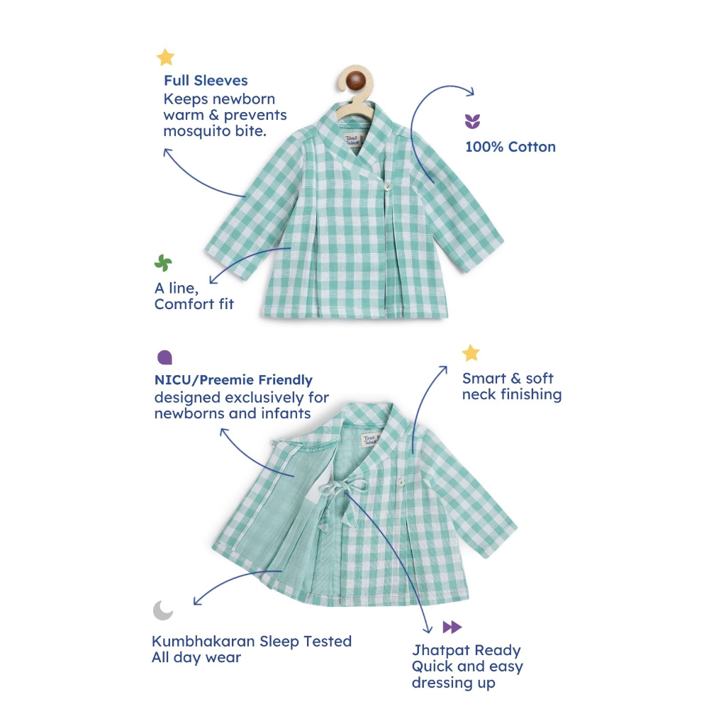 Tiber Taber Unisex Charming Checks Flexi Kimono Jhabla Set-Green