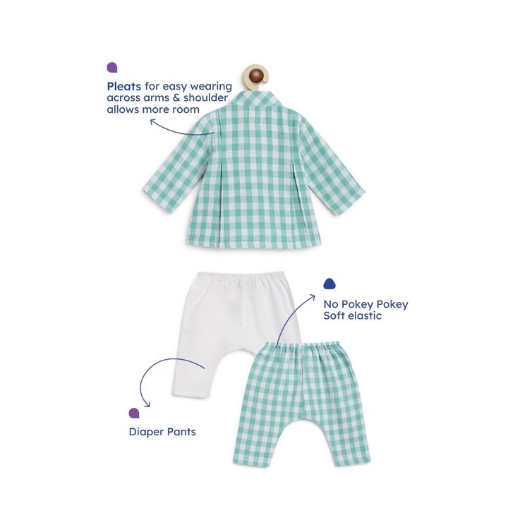 Tiber Taber Unisex Charming Checks Flexi Kimono Jhabla Set-Green