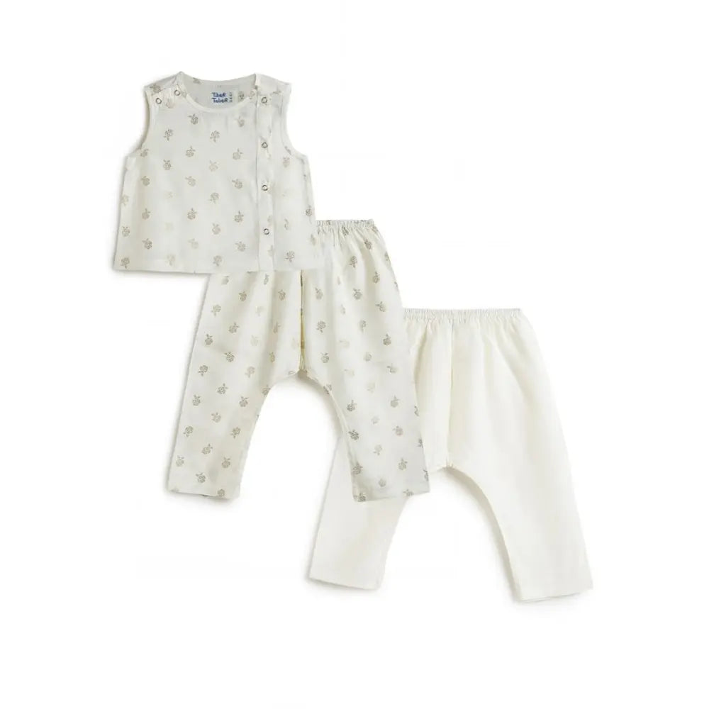 Tiber Taber 100% Viscose Woven Half Sleeves Festive Jhabla Set - Cream