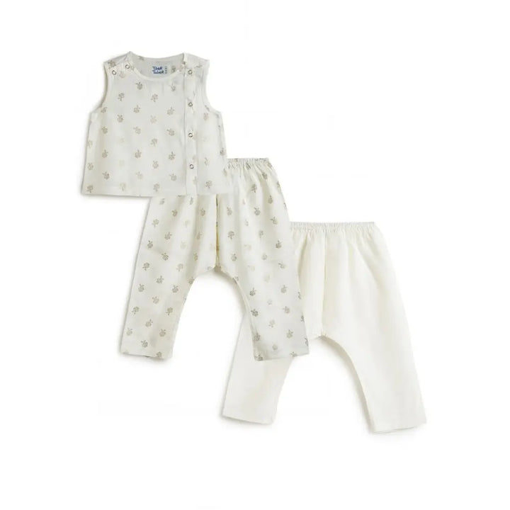 Tiber Taber 100% Viscose Woven Half Sleeves Festive Jhabla Set - Cream