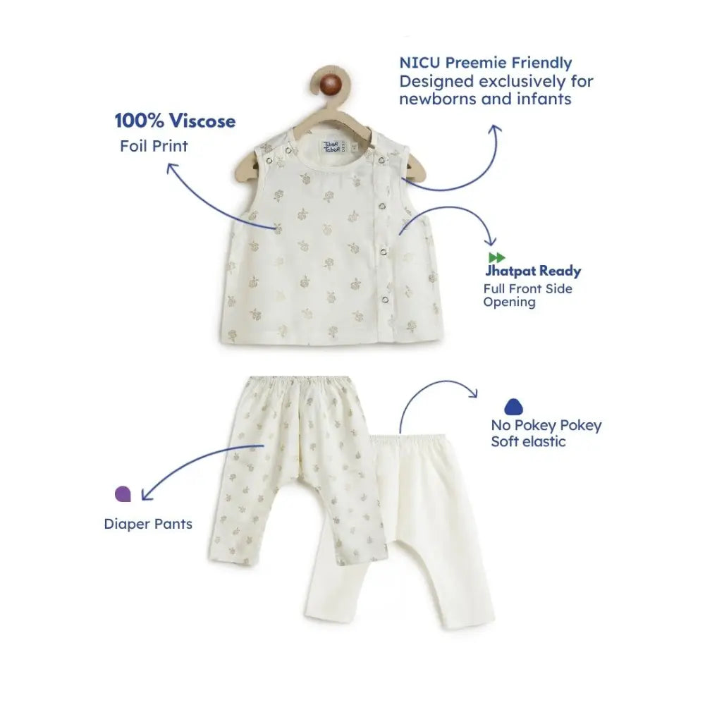 Tiber Taber 100% Viscose Woven Half Sleeves Festive Jhabla Set - Cream