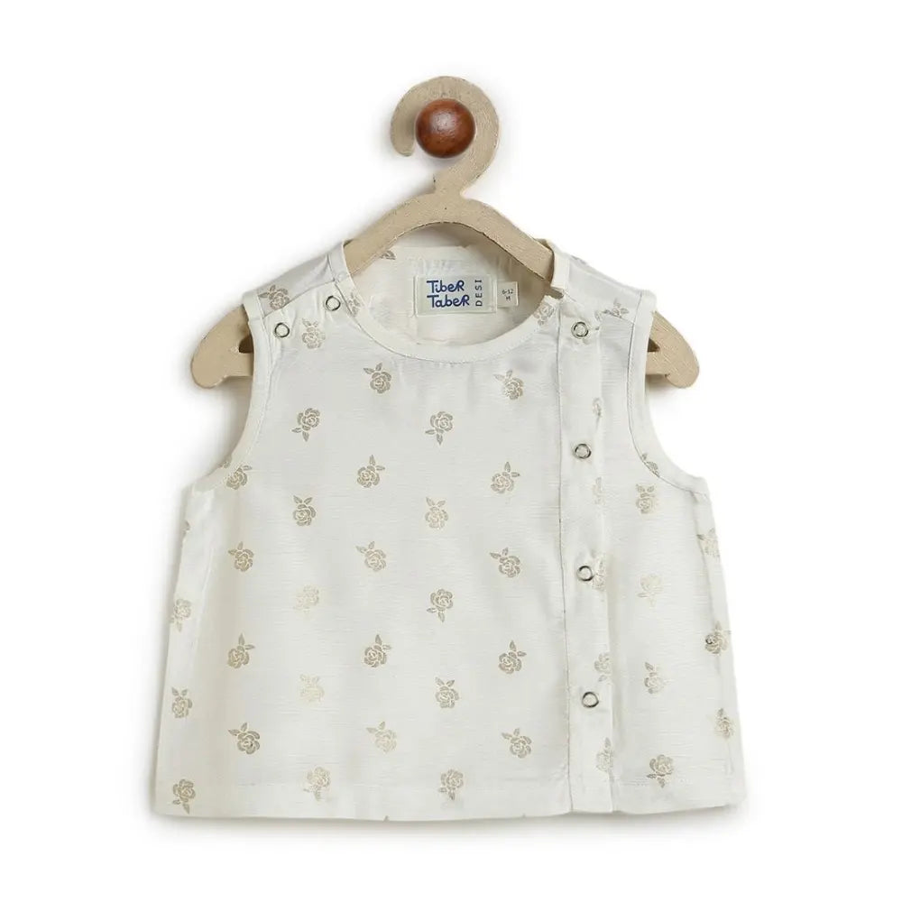 Tiber Taber 100% Viscose Woven Half Sleeves Festive Jhabla Set - Cream