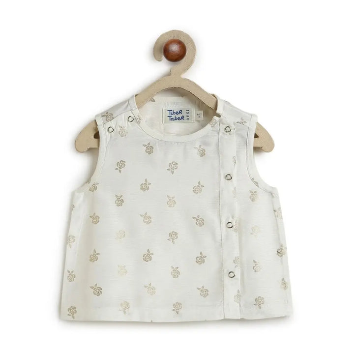 Tiber Taber 100% Viscose Woven Half Sleeves Festive Jhabla Set - Cream