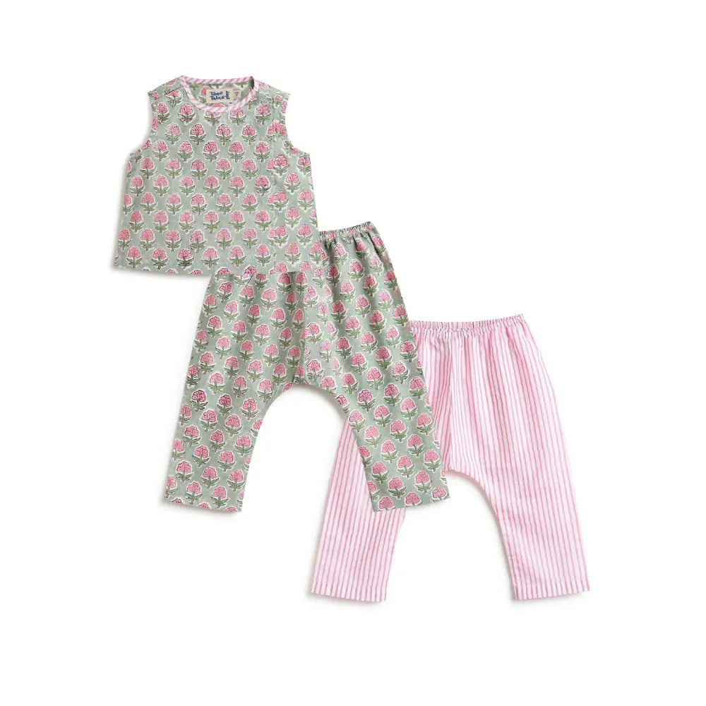 Tiber Taber 100% Cotton Woven Half Sleeves Block Print  Jhabla Set - Green