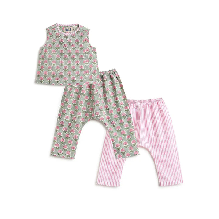 Tiber Taber 100% Cotton Woven Half Sleeves Block Print  Jhabla Set - Green