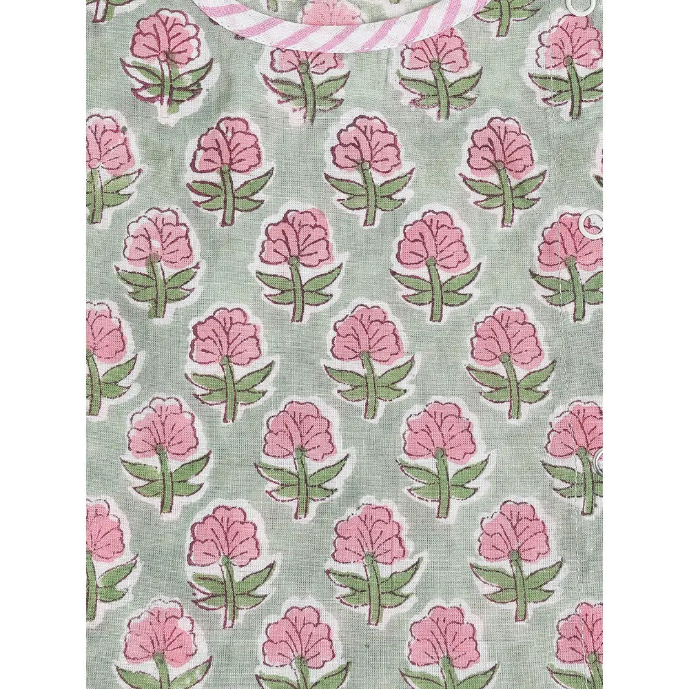Tiber Taber 100% Cotton Woven Half Sleeves Block Print  Jhabla Set - Green