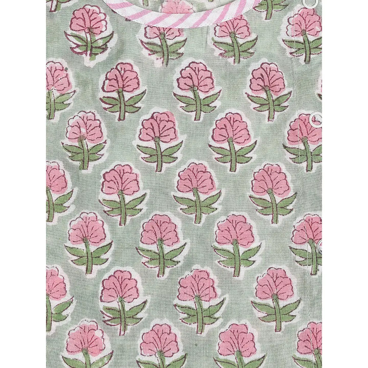 Tiber Taber 100% Cotton Woven Half Sleeves Block Print  Jhabla Set - Green