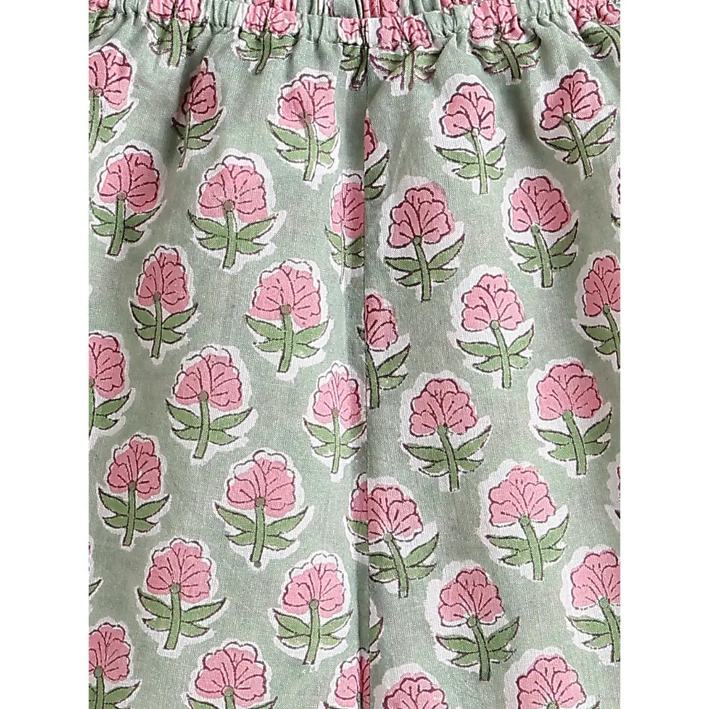 Tiber Taber 100% Cotton Woven Half Sleeves Block Print  Jhabla Set - Green