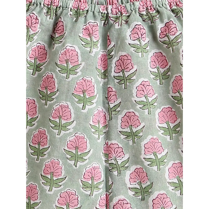 Tiber Taber 100% Cotton Woven Half Sleeves Block Print  Jhabla Set - Green