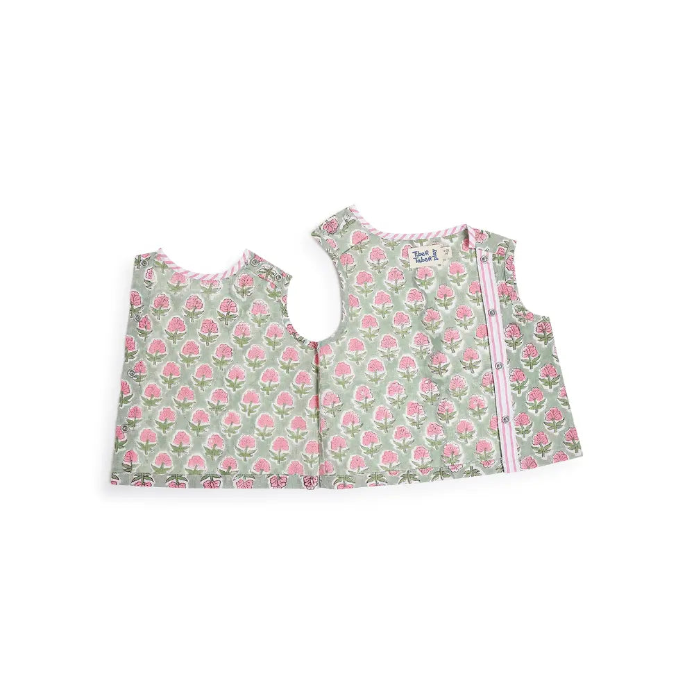 Tiber Taber 100% Cotton Woven Half Sleeves Block Print  Jhabla Set - Green